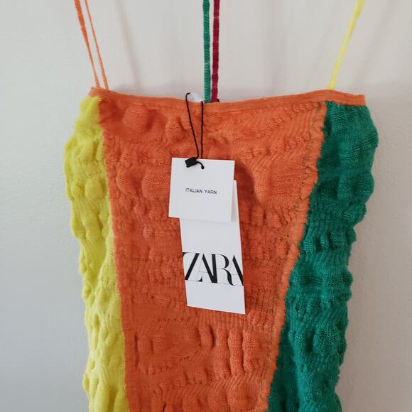 ZARA Linen Blend Knit Mini Dress Bright Colorblock Size Small - Picture 7 of 9
